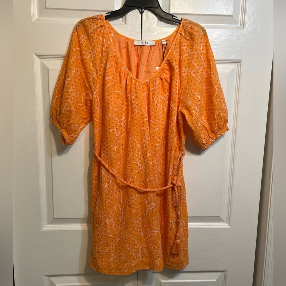 NWT Joie Eyelet Dress Size S Small Cotton Puff Sleeve Braided Belt  Orange White